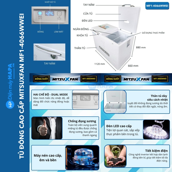 Tủ Đông 1 Ngăn MITSUXFAN MF1-4066WWEI 400 Lít Cao Cấp, Inverter Tiết Kiệm Điện - Hàng Chính Hãng