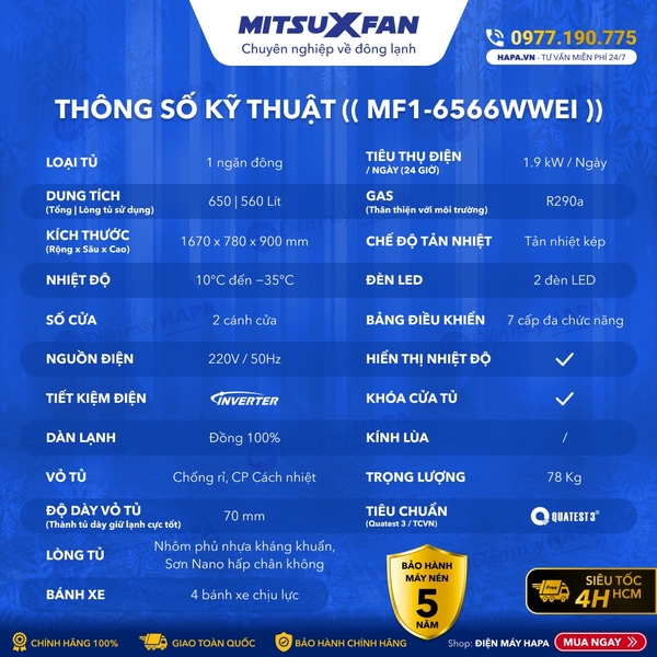 Tủ Đông MITSUXFAN MF1-6566WWEI có chức năng 6 trong 1, Tùy chỉnh nhiệt độ theo nhu cầu sử dụng