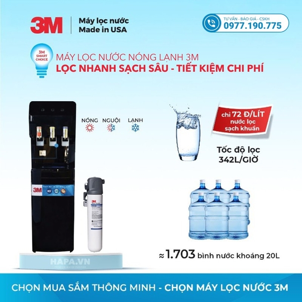 Máy Lọc Nước Nóng Lạnh 3 Vòi (Màu Đen) - Bộ lọc nhập khẩu Mỹ