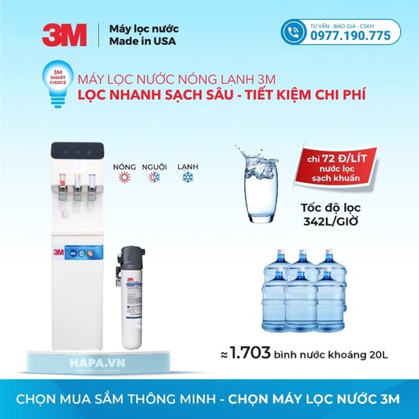 Máy Lọc Nước Nóng Lạnh 3 Vòi 3M (Màu Trắng) - Bộ lọc nhập khẩu Mỹ
