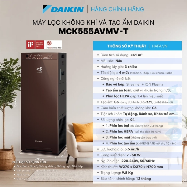 Máy Lọc Không Khí Tạo Ẩm DAIKIN MCK555AVMV-T Diện tích dưới 41m²