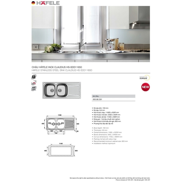 Chậu Rửa Chén Inox Hafele - ROSE II 2B 1D 565.86.391