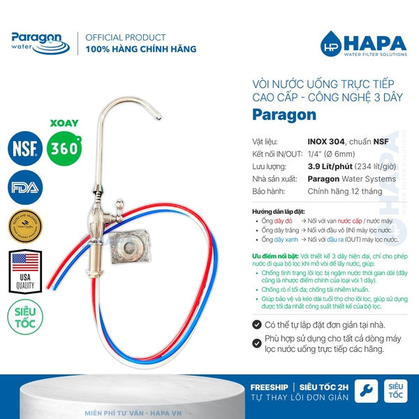 Vòi Nước Uống PARAGON 3 Dây - INOX 304 Cao Cấp, Không Gỉ, Tiêu Chuẩn NSF Mỹ
