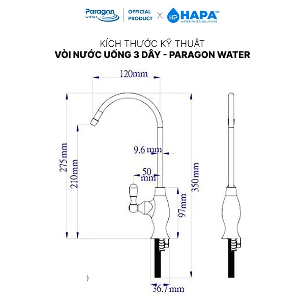 Vòi Nước Uống PARAGON 3 Dây - INOX 304 Cao Cấp, Không Gỉ, Tiêu Chuẩn NSF Mỹ