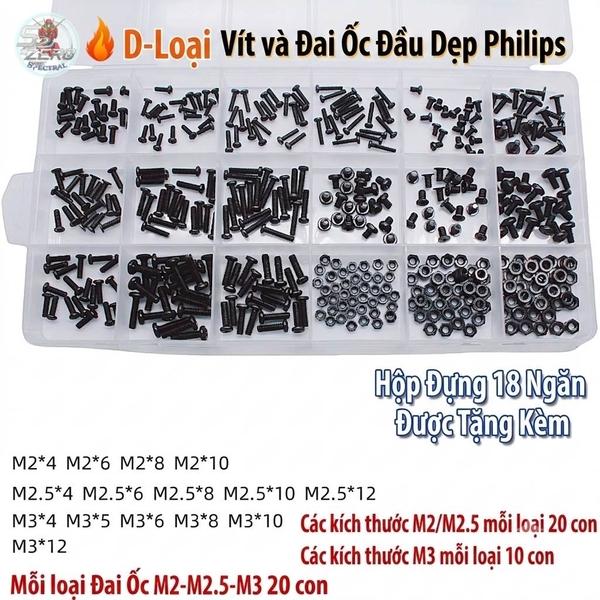 Bộ ốc vít và đai ốc đầu tròn Philips các cỡ M2 M2.5 M3 M4