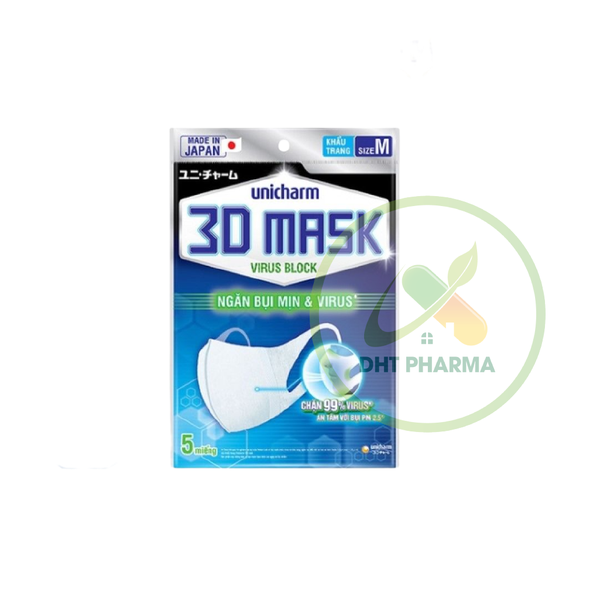 Khẩu trang Unicharm 3D Mask Virus Block ngăn bụi mịn và virus (Gói 1 chiếc)