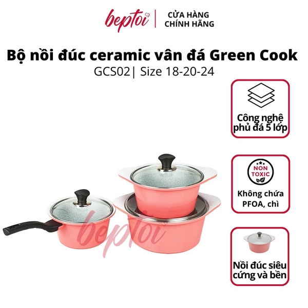 Bộ nồi đúc chống dính Ceramic vân đá, bộ nồi chống dính bếp từ vân đá Green Cook GCS02 Size 18 - 20 - 24