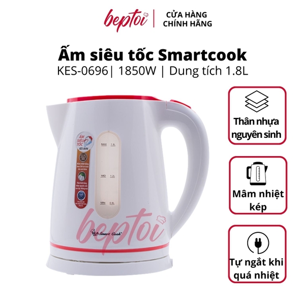 Bình đun siêu tốc, ấm siêu tốc bền đẹp, thân nhựa cao cấp, dung tích 1.8L Smartcook KES-0696