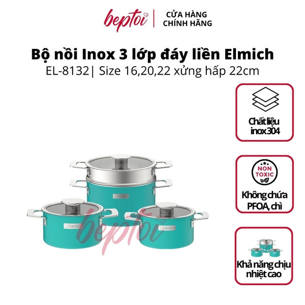 Bộ nồi bếp từ Inox liền khối Elmich Hera EL-8132 size 16,20, nồi hấp 22cm