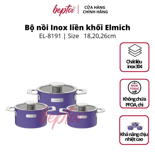 Bộ nồi bếp từ Inox liền khối Elmich Hera EL- 8191 size 18, 20, 26cm