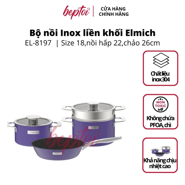 Bộ nồi bếp từ Inox liền khối Elmich Hera size 18, nồi hấp22, chảo 26cm