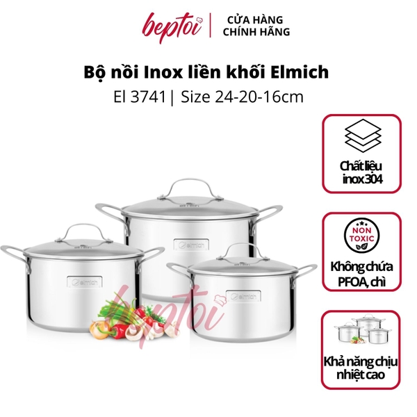 Nồi bếp từ inox 304 cao cấp 3 lớp đáy liền Trimax 3 chiếc size 16cm, 20cm, 24cm