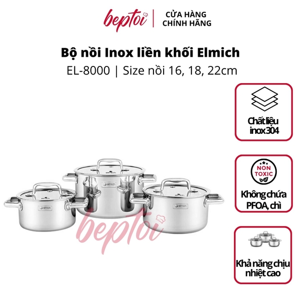 Bộ nồi bếp từ inox liền khối Elmich Trimax ECO EL-8000 size 16, 18, 22cm