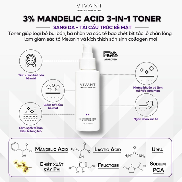 Toner ngừa mụn, làm sáng da Vivant Skincare Mandelic Acid 3% - 118ml