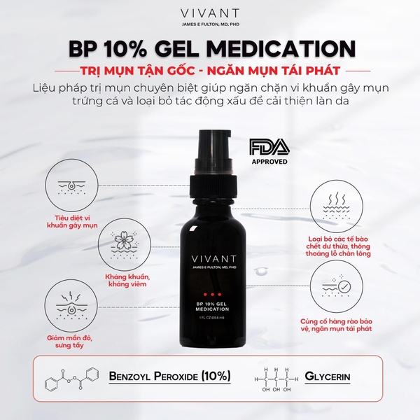 Gel trị mụn sưng viêm Vivant Skincare BP 10% Medication - 30ml