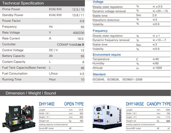 Máy Phát Điện Công Nghiệp Hyundai 13KVA - 14KVA DHY14KSE