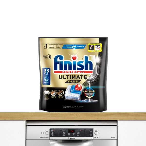 Túi 33 viên rửa chén Finish Ultimate PLUS Hương Soda 2025 – 14 tính năng MỚI – Dành cho máy rửa chén 12-13 bộ trở lên