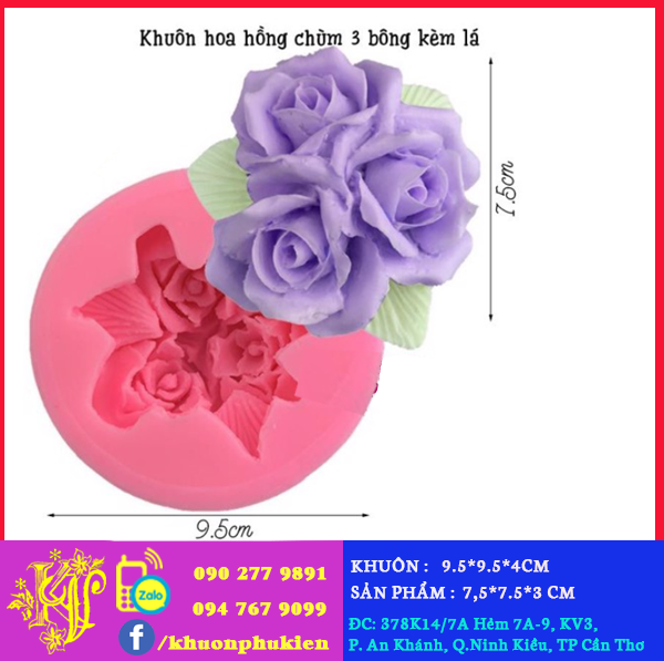 000295K1_KHUÔN SILICON CHÙM HOA HỒNG KÈM LÁ SIZE LỚN 7,5CM