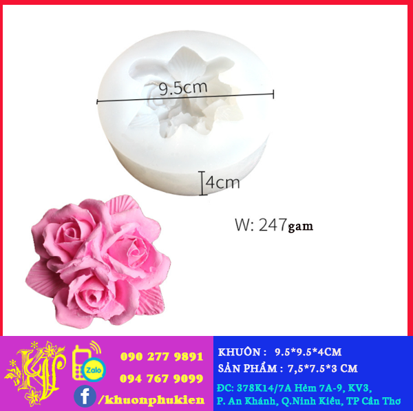 000295K1_KHUÔN SILICON CHÙM HOA HỒNG KÈM LÁ SIZE LỚN 7,5CM