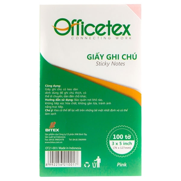 Giấy Note Officetex 3x5 Màu Hồng