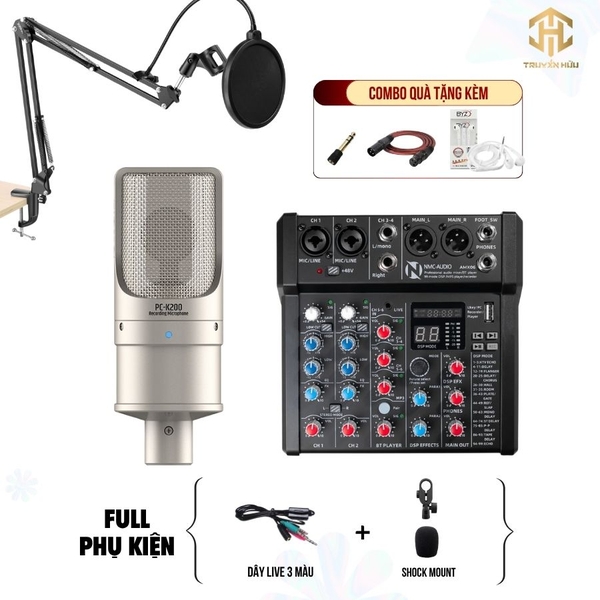 Combo Livestream Mixer AMX06 + Micro K200 ( Dây live 3 màu )