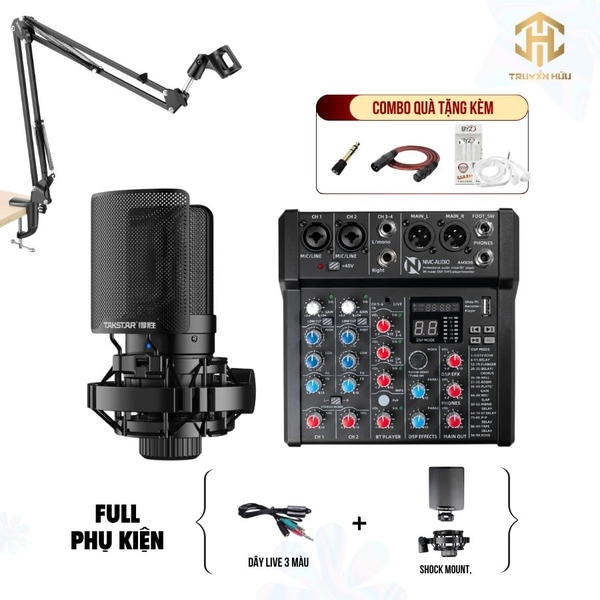 Combo Livestream Mixer AMX06 + Micro SM8B ( Dây live 3 màu )