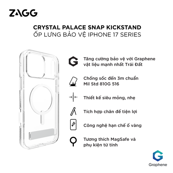 Ốp lưng iPhone 17 - ZAGG Crystal Palace Snap Kickstand - Clear