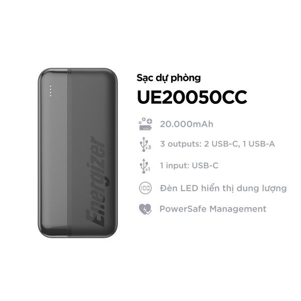 Sạc dự phòng Energizer 20,000mAh sạc 3 thiết bị - UE20050CCBK
