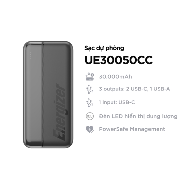 Sạc dự phòng Energizer 30000mAh 15W, sạc đa cổng UE30050CC, bảo hành 1 đổi 1 - Hàng chính hãng