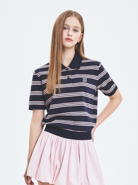 Áo Croptop MLB Women's Varsity Stripe Crop Collar T-Shirt Boston Red Sox Navy