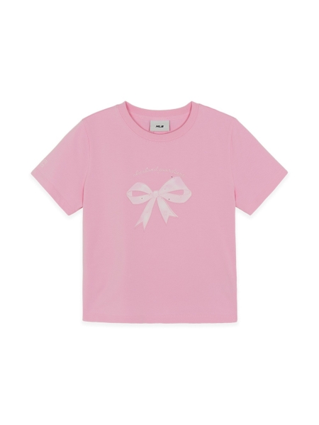 Áo Croptop MLB Women's Ribbon Graphic Slim Semi-Crop Short Sleeve T-Shirt Cleveland Guardians Pink