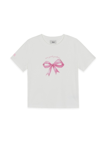 Áo Croptop MLB Women's Ribbon Graphic Slim Semi-Crop Short Sleeve T-Shirt New York Yankees White