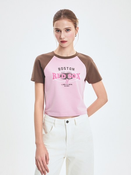 Áo Croptop MLB Women's Varsity Vintage Washing Raglan Crop Short Sleeve T-Shirt Boston Red Sox Purple