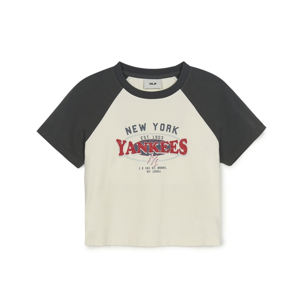 Áo Croptop MLB Women's Varsity Vintage Washing Raglan Crop Short Sleeve T-Shirt New York Yankees Cream