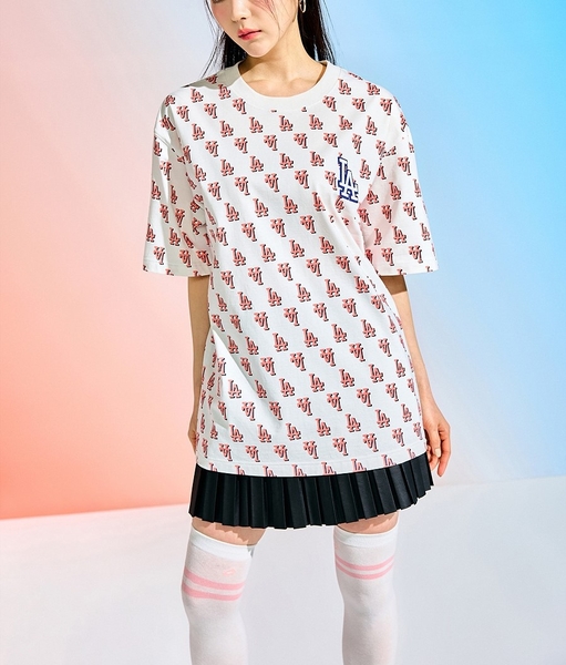 Áo Thun MLB Classic Monogram Front Panel Pattern Short Sleeve LA Dodgers Cream