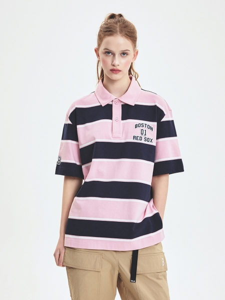 Áo Polo MLB Varsity Stripe Overfit Collar T-Shirt Boston Red Sox Pink