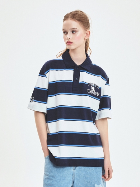 Áo Polo MLB Varsity Stripe Overfit Collar T-Shirt Boston Red Sox Navy