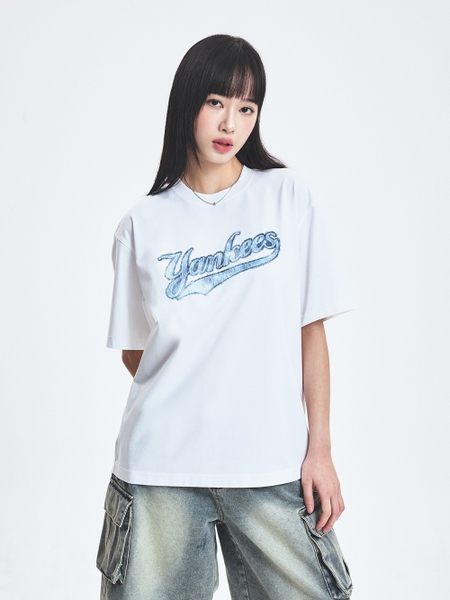Áo Thun MLB Denim-like Big Lux Overfit Short Sleeve T-shirt New York Yankees White