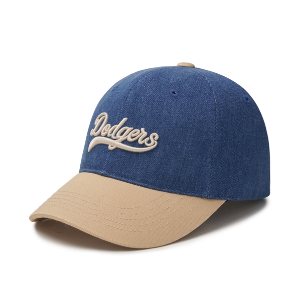 Nón MLB Korea Culsive Lettering Denim Color Block Unstructured Ball Cap LA Dodgers Indigo
