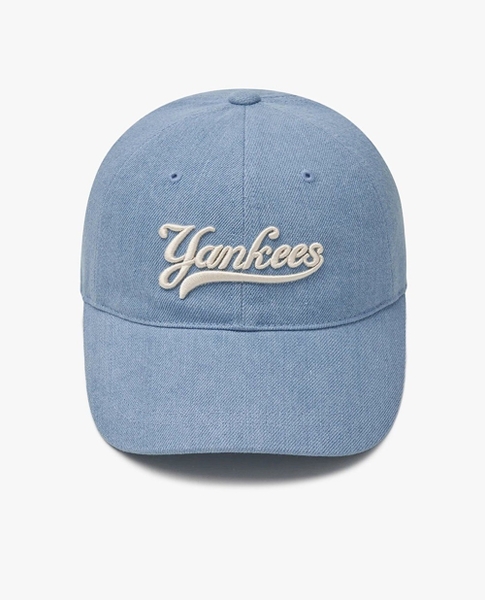 Nón MLB Korea Varsity Culsive Lettering Denim Unstructured Ball Cap New York Yankees Blue