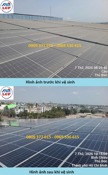 Lê Gia Phát vệ sinh hệ thống điện mặt trời áp mái kho lạnh 5 Châu (Công ty Vinh Khánh - Thủ Đức, TP HCM)