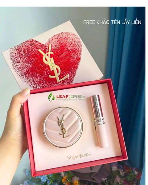 Set quà YSL hộp trái tim gồm cushion hồng và son Lovenude