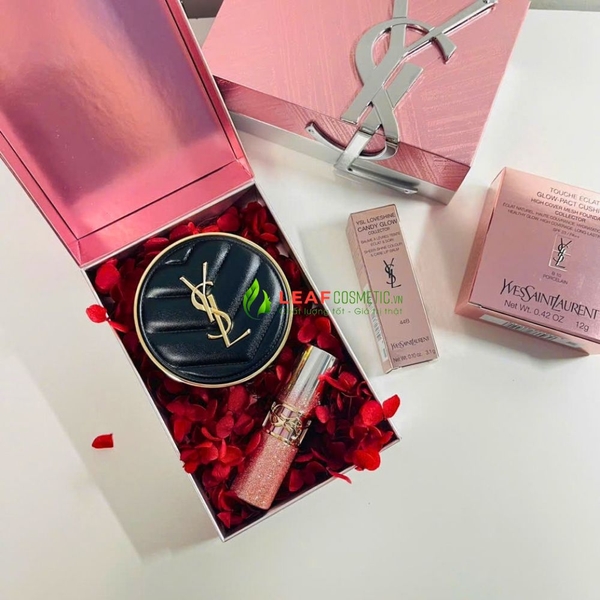Set YSL cushion vỏ da đen và son dưỡng Candy Glow 44B Bling