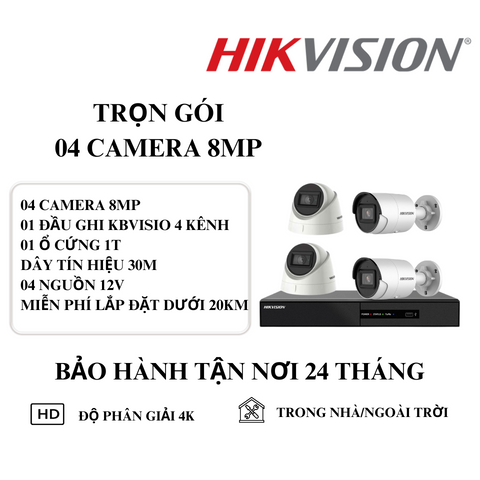 (HIKVISION) Bộ Kit 4 Camera Cố Định Trong Nhà Và Ngoài Trời (8MP)