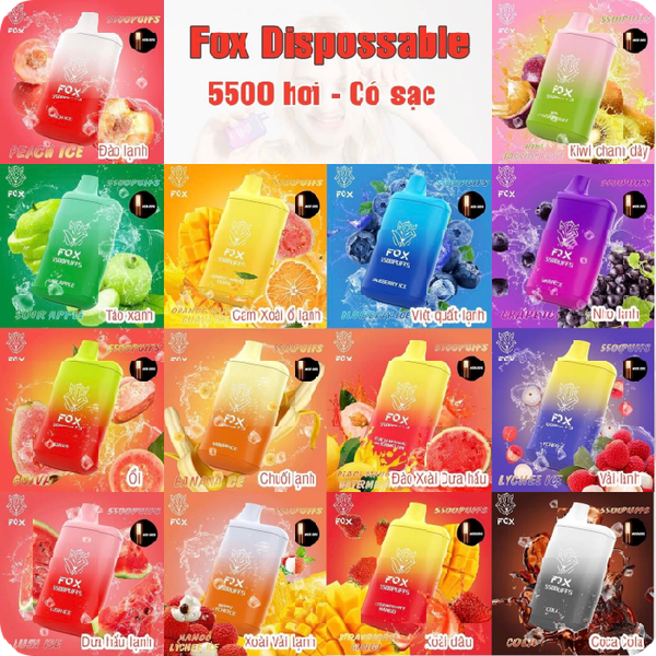 FOX Pod 15 vị 5500 hơi Disposable Vape / 15ml / 5% (50mg) / 550mAh - Type C / Mesh Coil