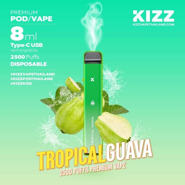 KIZZ Disposable 2500 puffs Tropical Guava (Ổi) | 2%-3%-5% | 8ml | Mesh coil | 650mAh | USB Type C | vapeland.vn