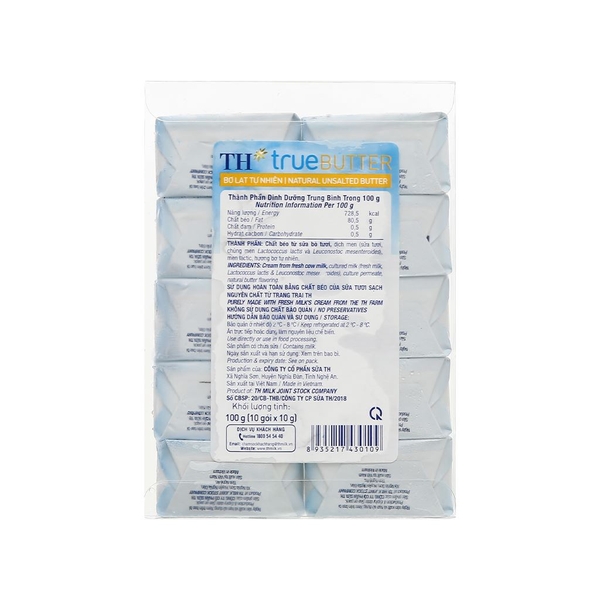 Bơ Lạt Tự Nhiên TH True Butter Vỉ 100G (10G x 10 viên)