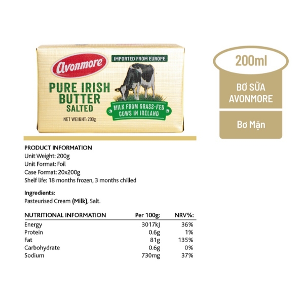 Bơ mặn/lạt cao cấp Avonmore Ireland 200g