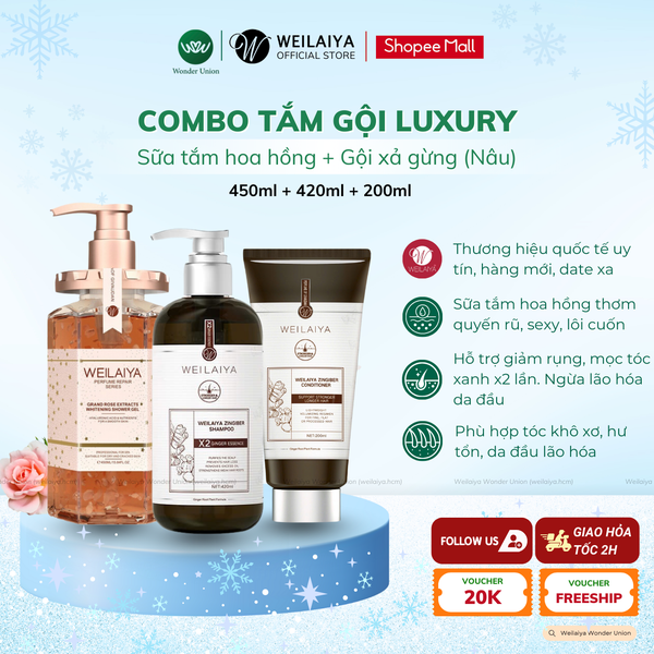 Combo Sữa Tắm Hoa Hồng + Gội Xả Gừng Nâu Luxury