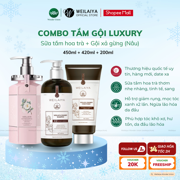 Combo Sữa Tắm Hoa Trà + Gội Xả Gừng Nâu Luxury